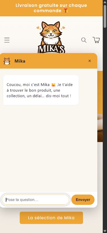 Interface mobile de l’assistant de Mika’s Shop ouverte sur son message d’accueil, sans conversation et avec un champ de saisie vide