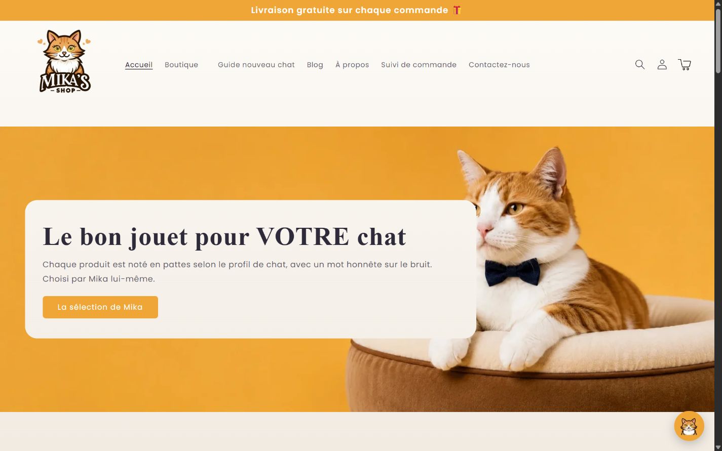 Accueil de Mika’s Shop : navigation, photo de Mika et sélection de produits selon le profil du chat