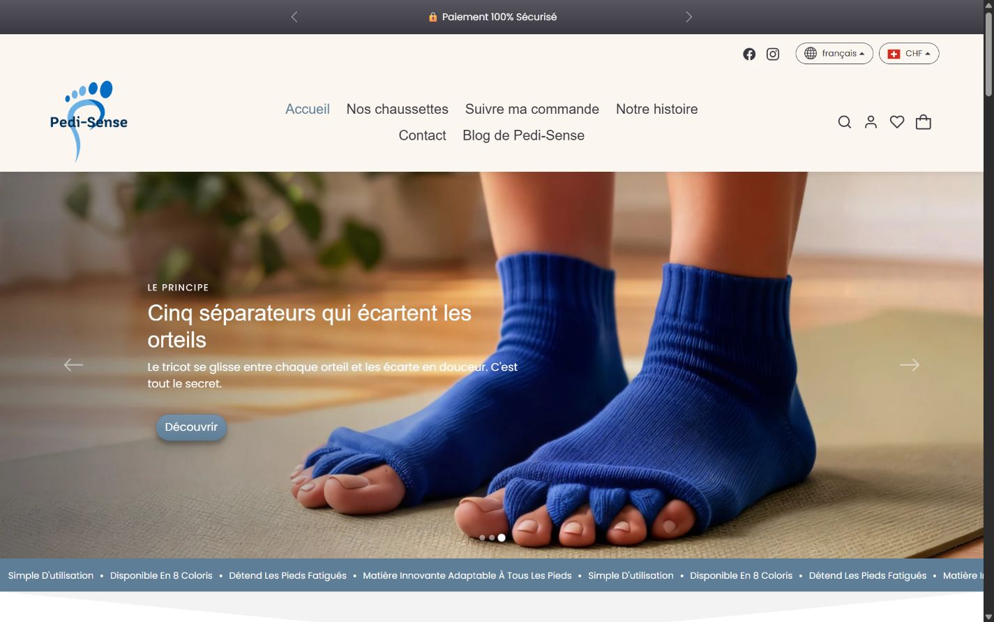 Accueil français de Pedi-Sense sur ordinateur : navigation, présentation des chaussettes et accès à la fiche produit