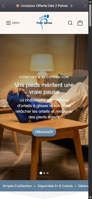 Accueil français de Pedi-Sense sur mobile : menu compact, présentation du produit et bouton Découvrir
